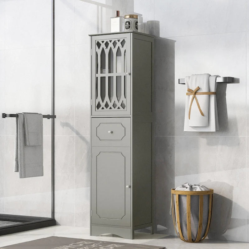 Meuble de salle de bain fin avec tiroir, double porte et étagère réglable – Design peu encombrant