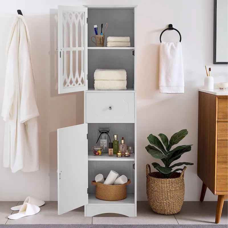 Meuble de salle de bain fin avec tiroir, double porte et étagère réglable – Design peu encombrant