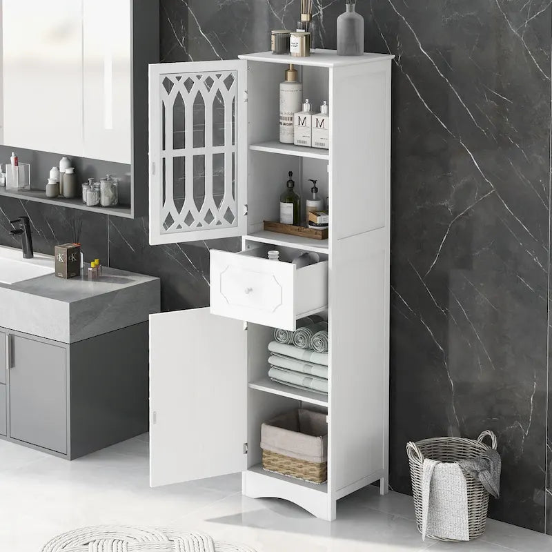 Meuble de salle de bain fin avec tiroir, double porte et étagère réglable – Design peu encombrant