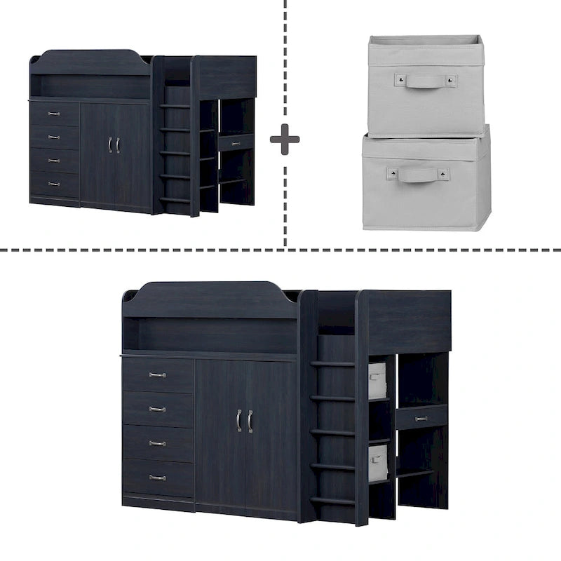 Lit mezzanine double avec bureau intégré et rangements pour enfants