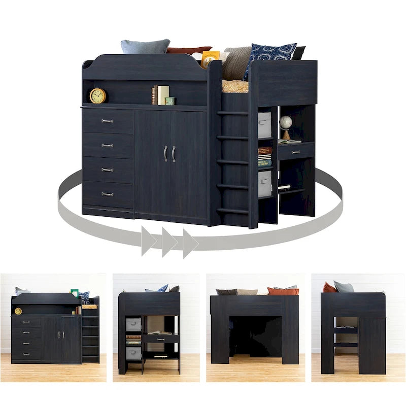 Lit mezzanine double avec bureau intégré et rangements pour enfants