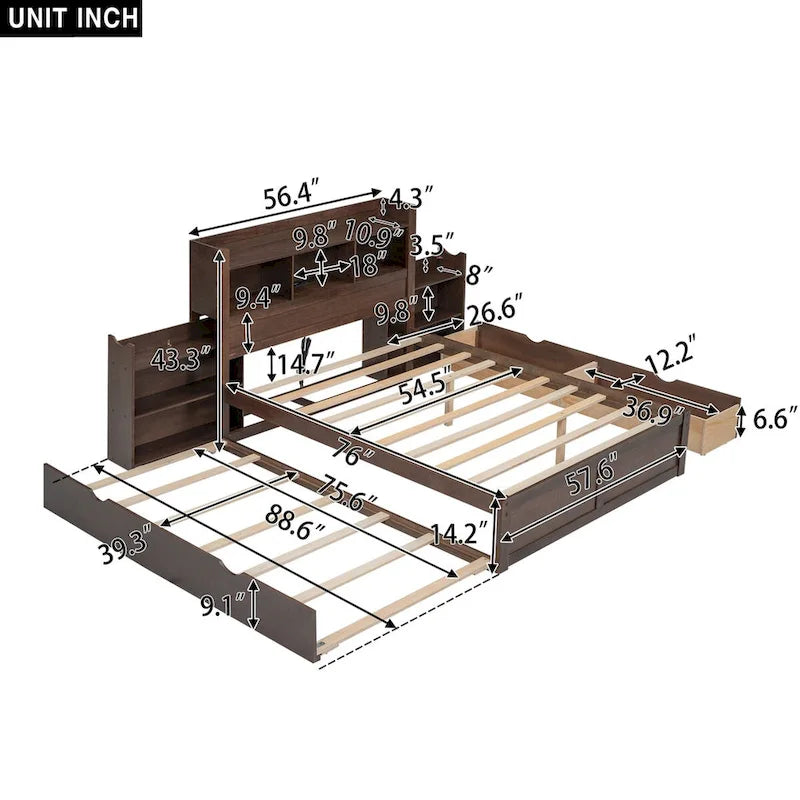Lit plateforme de rangement avec étagères coulissantes, lit gigogne et 2 tiroirs