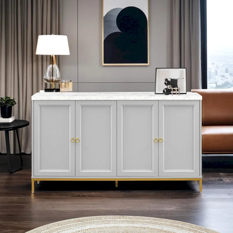 Buffet moderne avec très grand espace de rangement, poignées et pieds en métal pour salon et salle à manger
