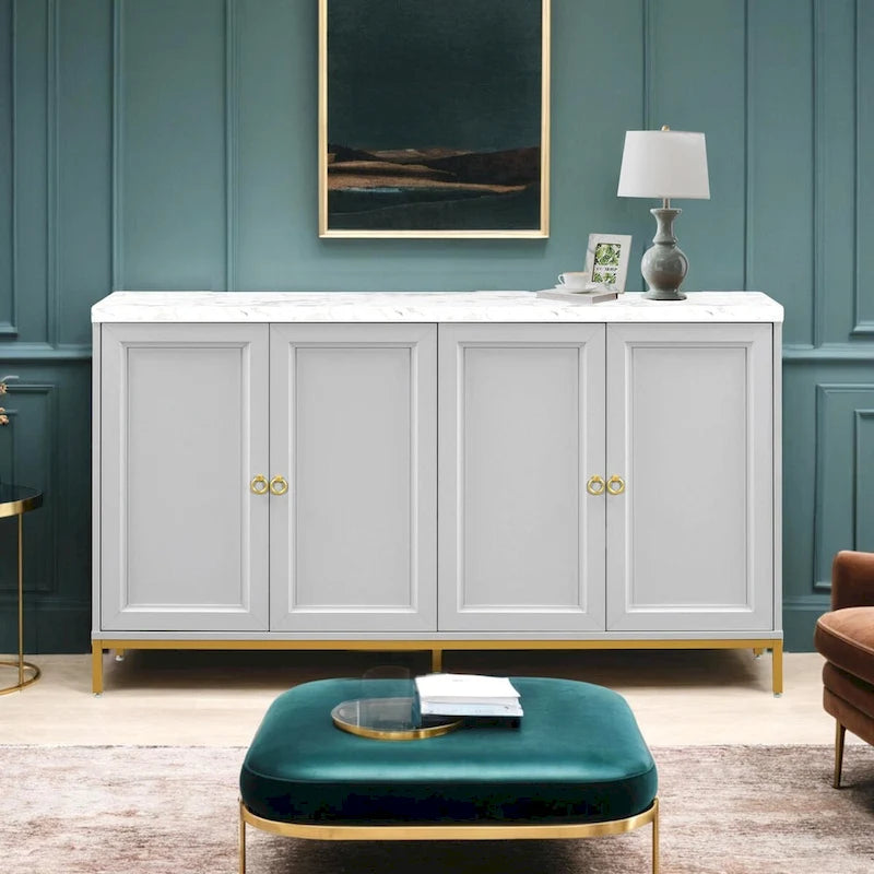 Buffet moderne avec très grand espace de rangement, poignées et pieds en métal pour salon et salle à manger