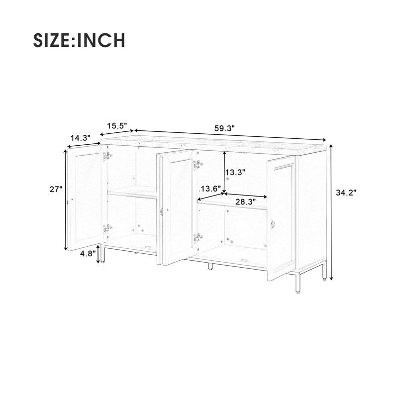 Buffet moderne avec très grand espace de rangement, poignées et pieds en métal pour salon et salle à manger