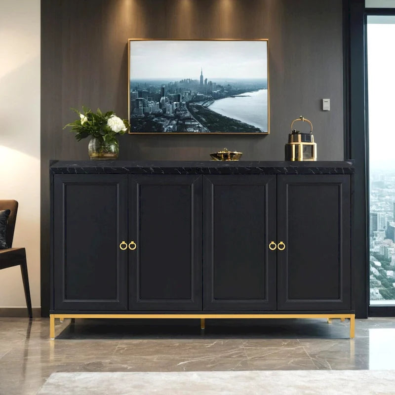 Buffet moderne avec très grand espace de rangement, poignées et pieds en métal pour salon et salle à manger