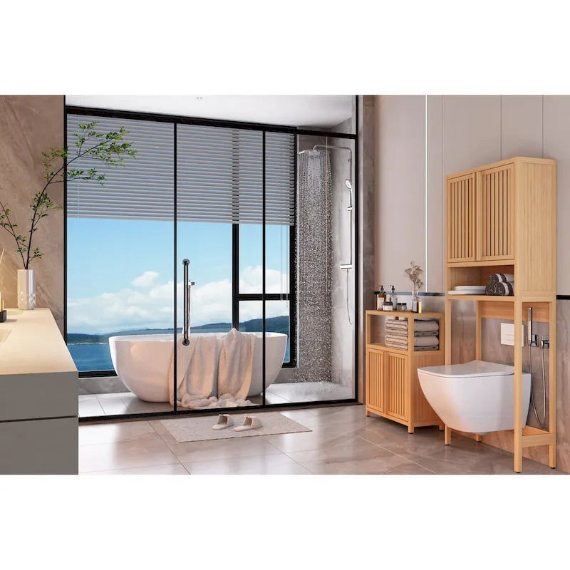 Meuble de rangement en bambou grande capacité avec étagères pour salle de bain et salon