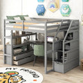 Lit mezzanine en pin gris avec bureau, étagères, tiroirs de rangement, escalier de rangement