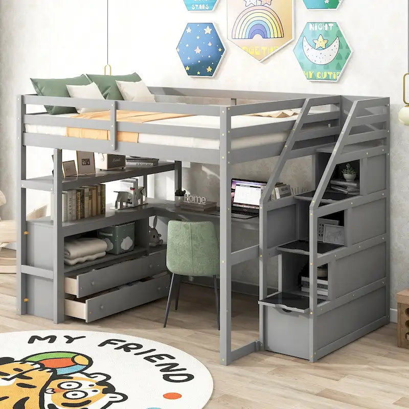 Lit mezzanine en pin gris avec bureau, étagères, tiroirs de rangement, escalier de rangement