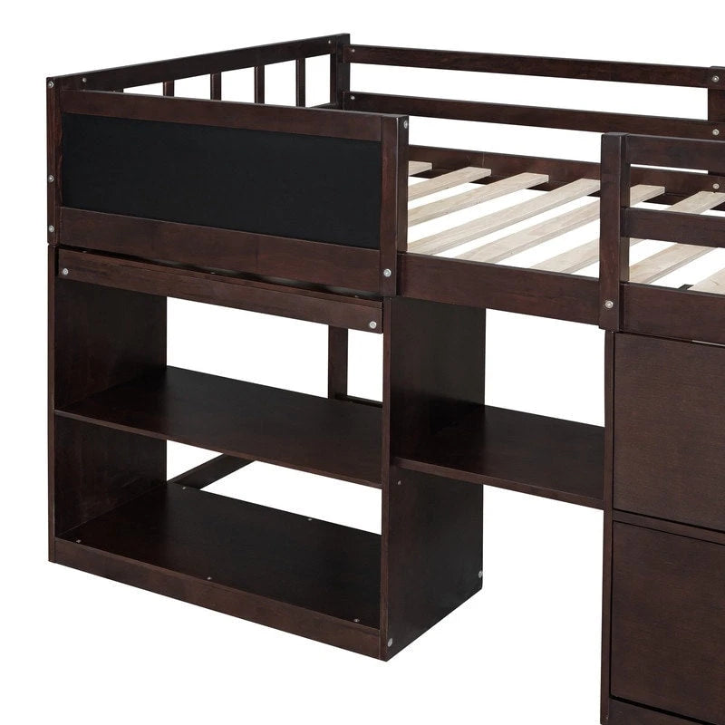 Lit mezzanine bas une place avec bureau roulant, étagère et tiroirs