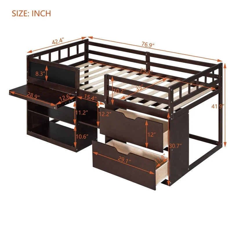 Lit mezzanine bas une place avec bureau roulant, étagère et tiroirs