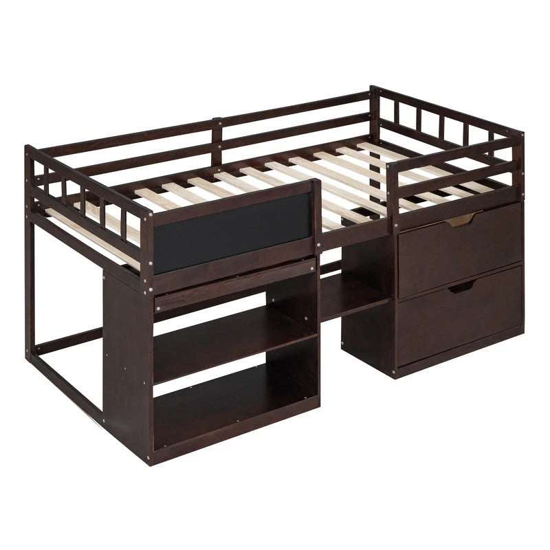 Lit mezzanine bas une place avec bureau roulant, étagère et tiroirs