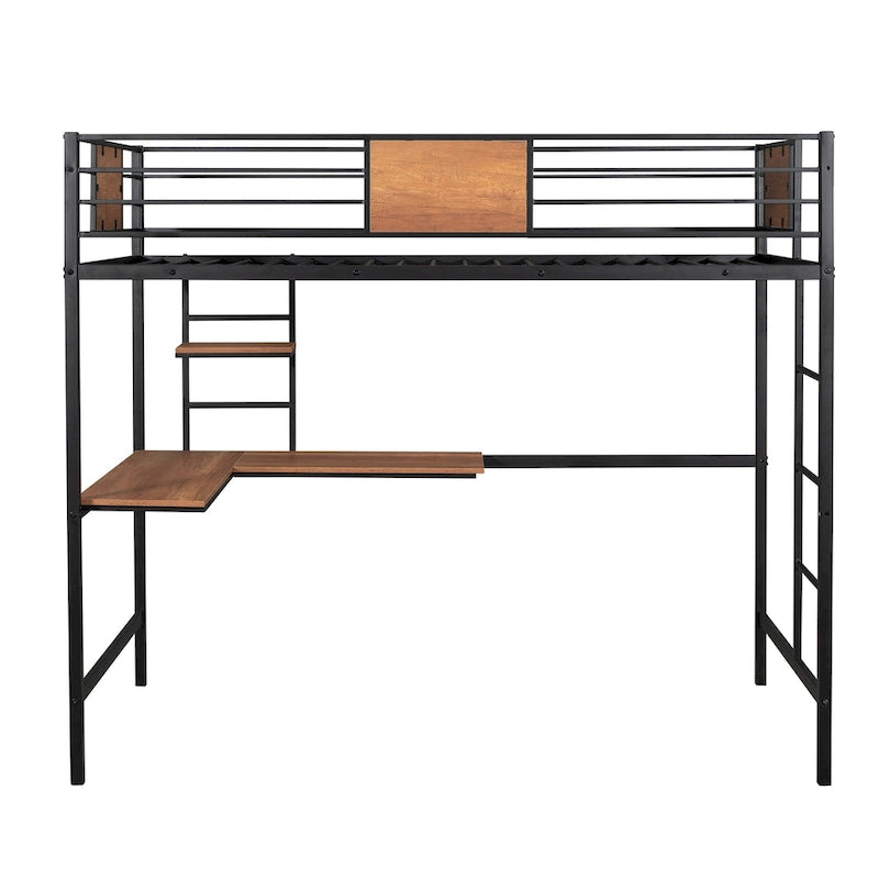 Lit mezzanine double en métal avec bureau et étagères