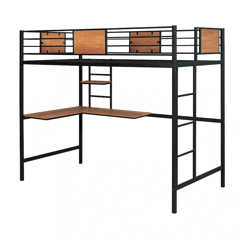 Lit mezzanine double en métal avec bureau et étagères
