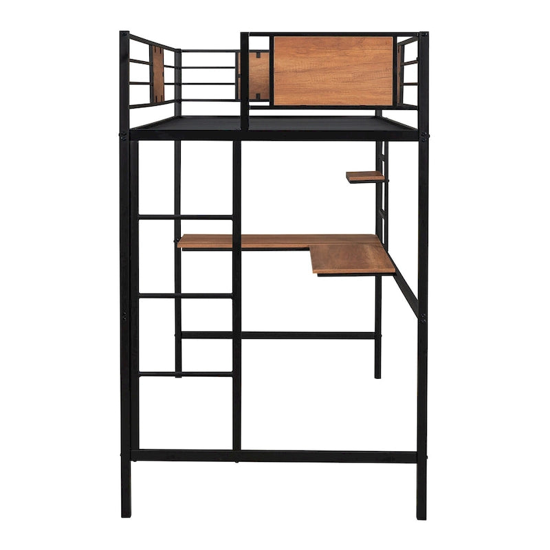 Lit mezzanine double en métal avec bureau et étagères