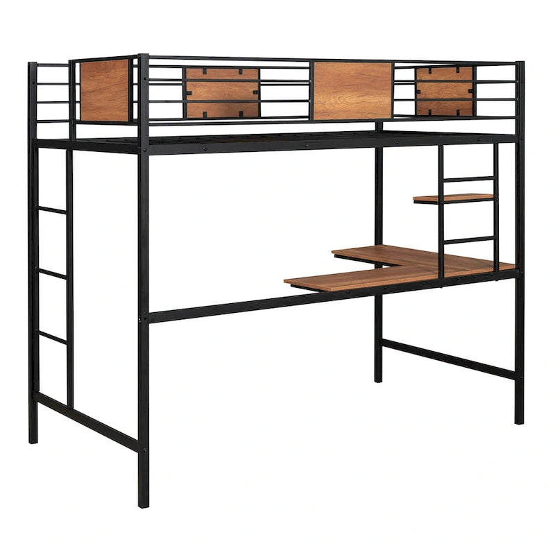 Lit mezzanine double en métal avec bureau et étagères