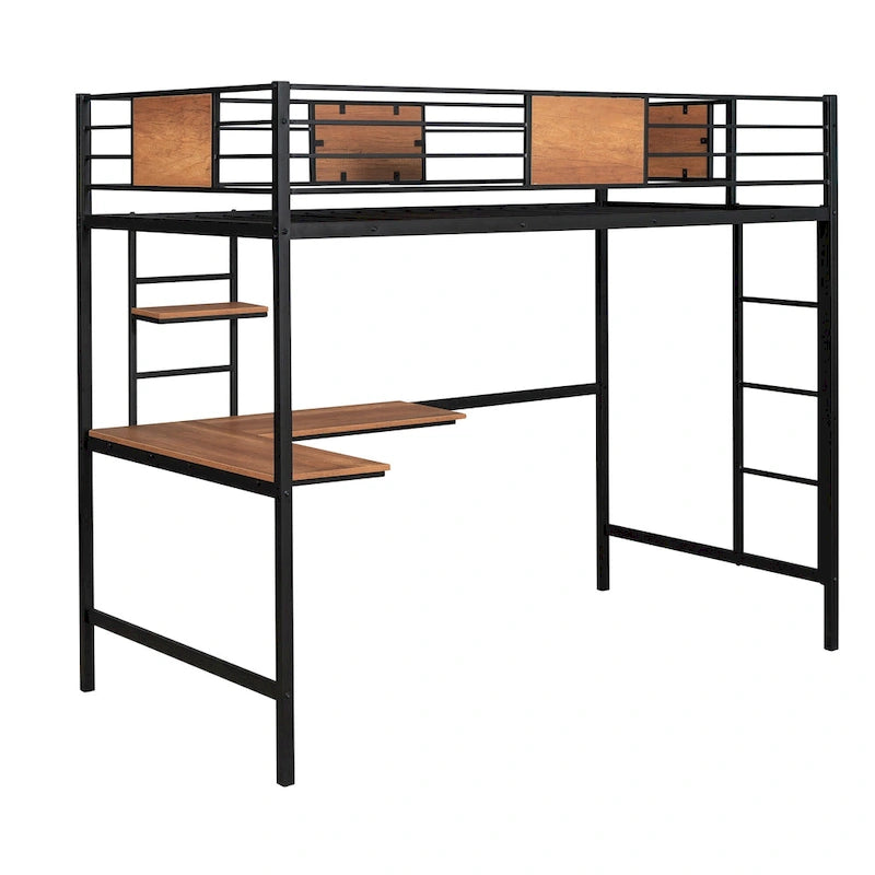 Lit mezzanine double en métal avec bureau et étagères