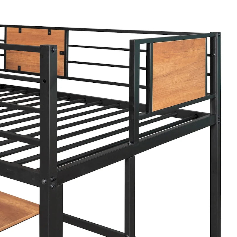 Lit mezzanine double en métal avec bureau et étagères