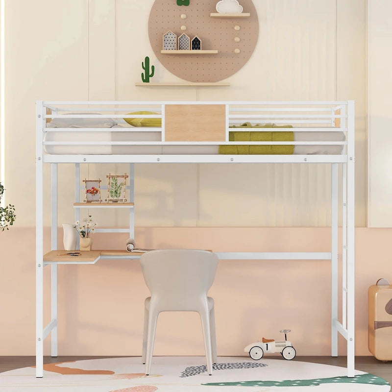 Lit mezzanine double en métal avec bureau et étagères