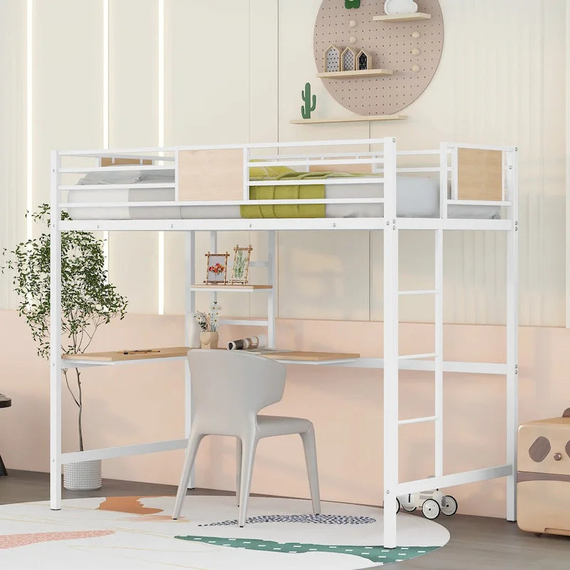 Lit mezzanine double en métal avec bureau et étagères