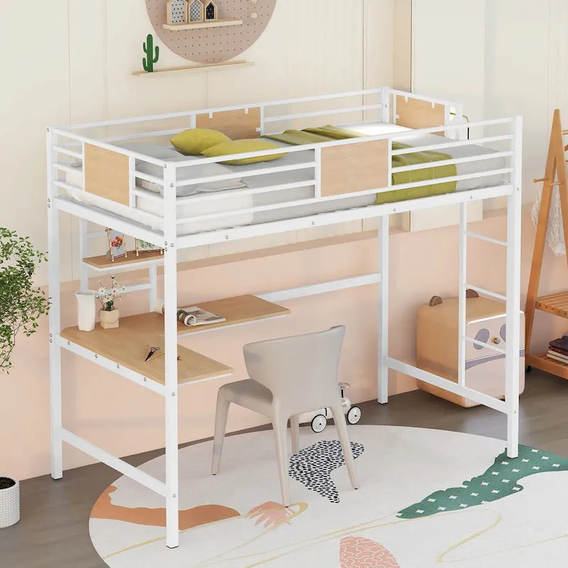 Lit mezzanine double en métal avec bureau et étagères