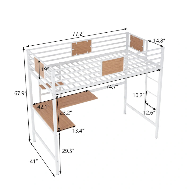 Lit mezzanine double en métal avec bureau et étagères