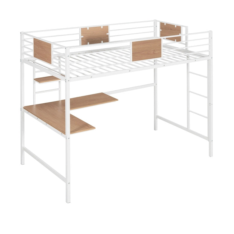 Lit mezzanine double en métal avec bureau et étagères
