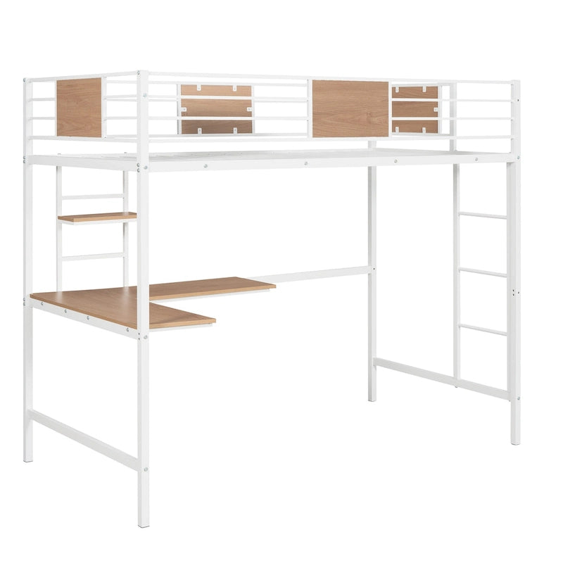 Lit mezzanine double en métal avec bureau et étagères