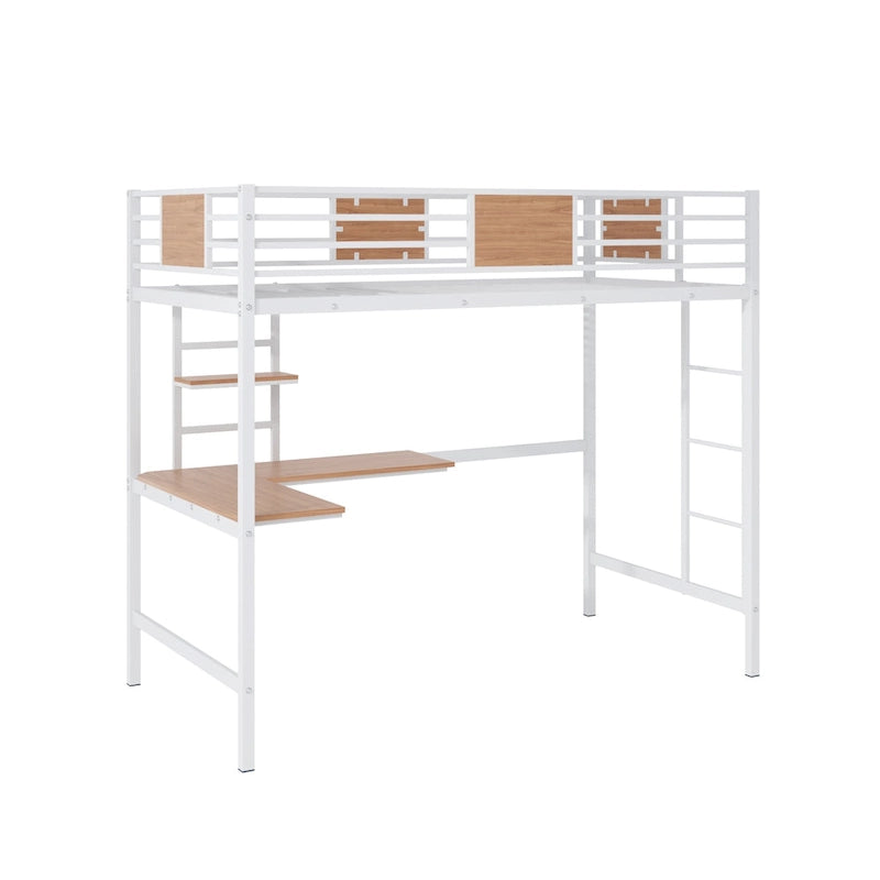 Lit mezzanine double en métal avec bureau et étagères