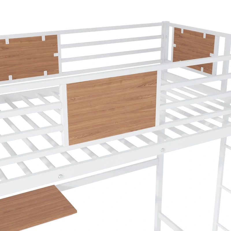 Lit mezzanine double en métal avec bureau et étagères