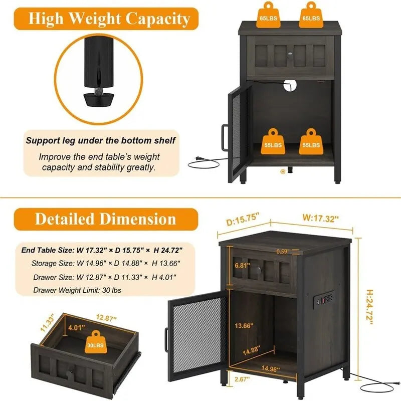 Table d'appoint multifonction avec station de charge intégrée pour chambre ou salon