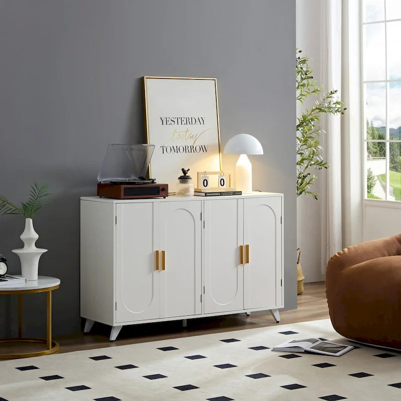 Buffet bahut avec 4 portes et étagères amovibles, pour salon, salle à manger, blanc ivoire