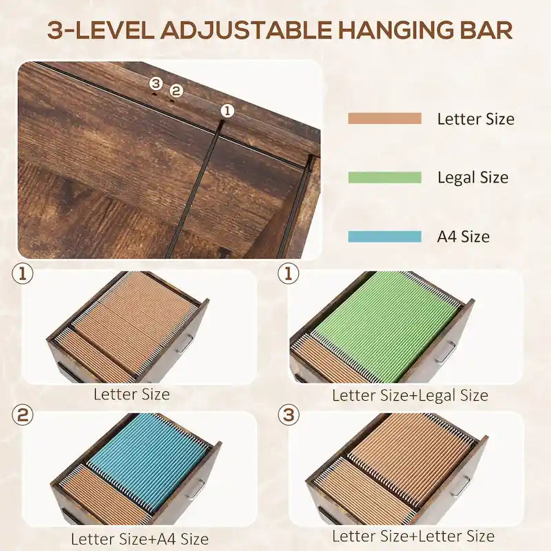 Classeur à 2 tiroirs avec clé, étagère, classeur mobile avec barre de suspension réglable pour dossiers format lettre, A4