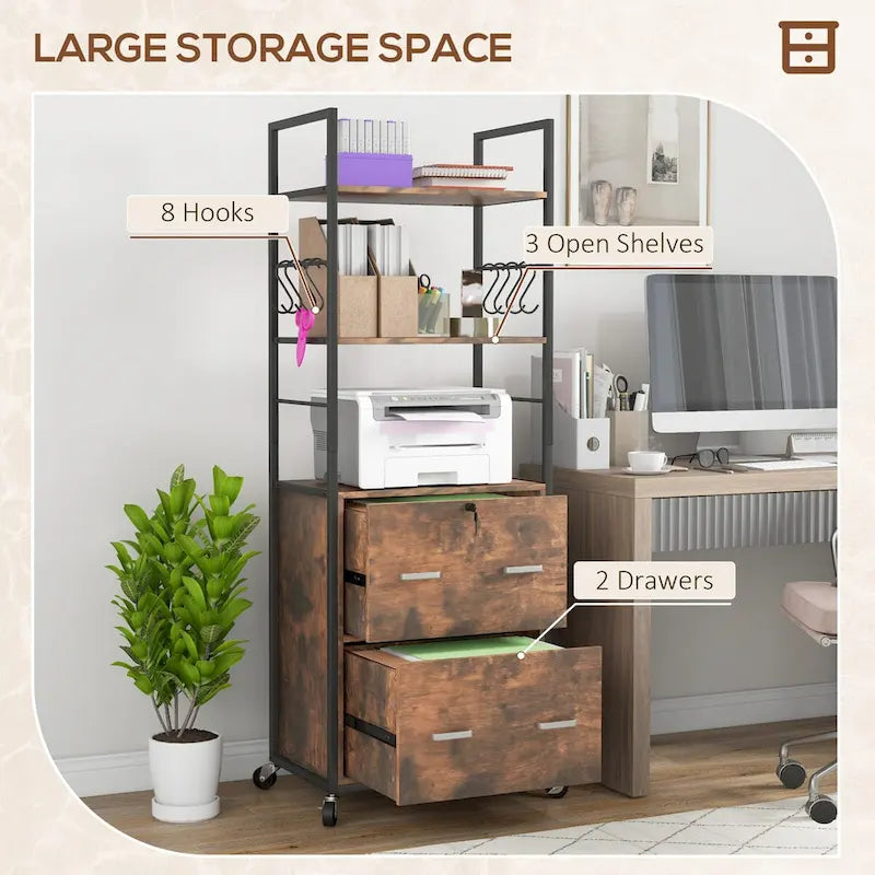 Classeur mobile 2 tiroirs avec serrure et barre de suspension, marron rustique
