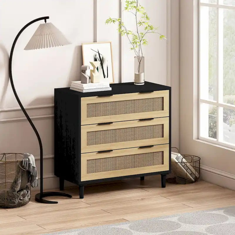 Meuble de rangement bohème compact en rotin à 3 tiroirs de 80 cm pour l'organisation de la maison