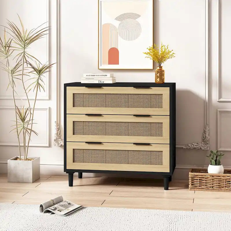 Meuble de rangement bohème compact en rotin à 3 tiroirs de 80 cm pour l'organisation de la maison