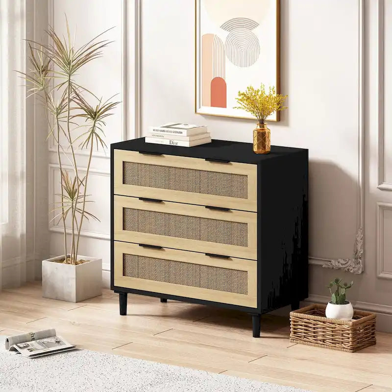 Meuble de rangement bohème compact en rotin à 3 tiroirs de 80 cm pour l'organisation de la maison