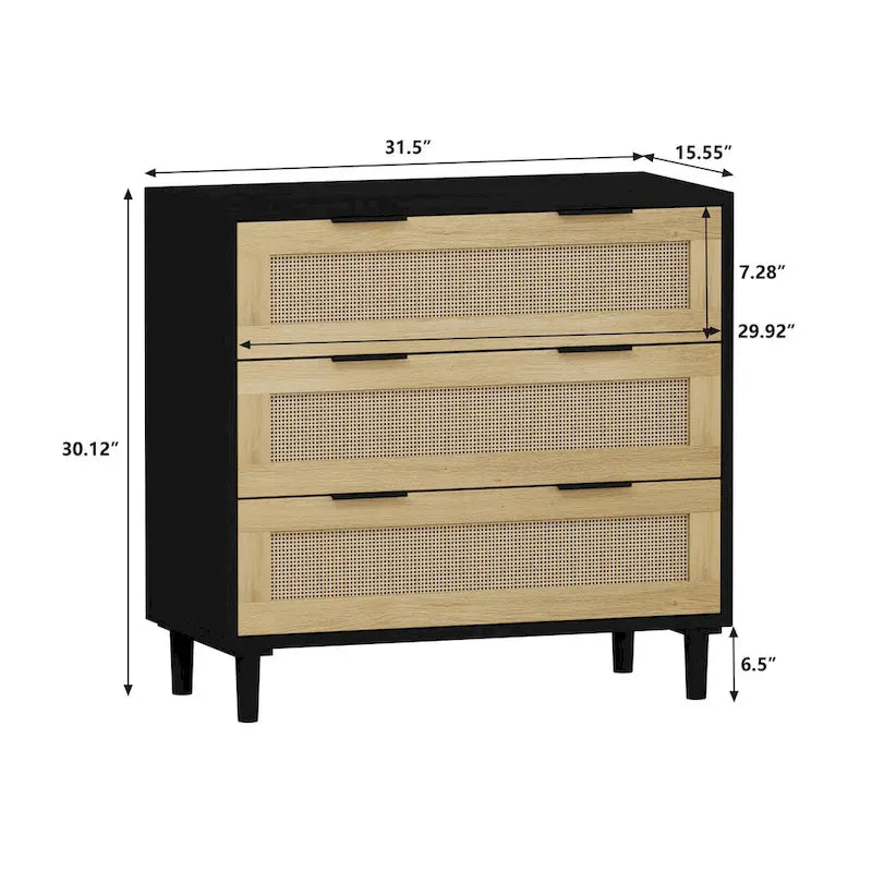 Meuble de rangement bohème compact en rotin à 3 tiroirs de 80 cm pour l'organisation de la maison