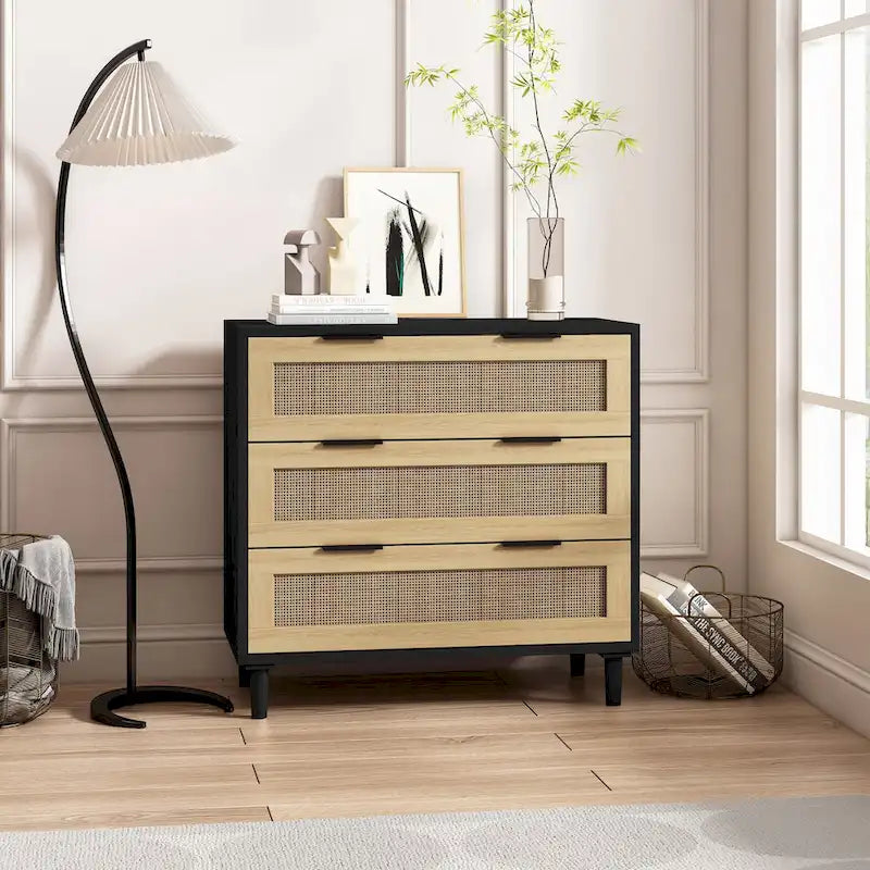 Meuble de rangement bohème compact en rotin à 3 tiroirs de 80 cm pour l'organisation de la maison