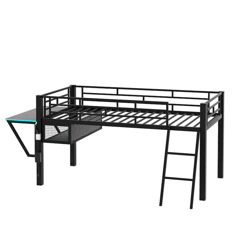 Lit mezzanine mi-hauteur pour jeux vidéo avec bureau intégré, étagères et échelle pour chambre d'adolescent