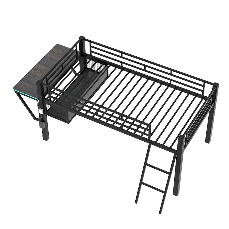 Lit mezzanine mi-hauteur pour jeux vidéo avec bureau intégré, étagères et échelle pour chambre d'adolescent