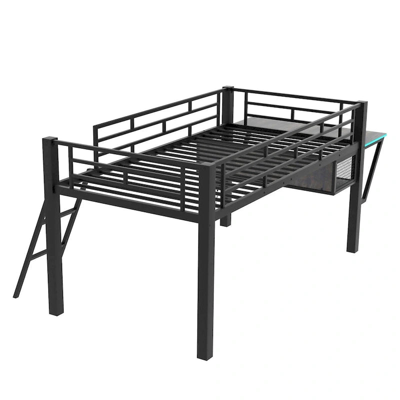 Lit mezzanine mi-hauteur pour jeux vidéo avec bureau intégré, étagères et échelle pour chambre d'adolescent