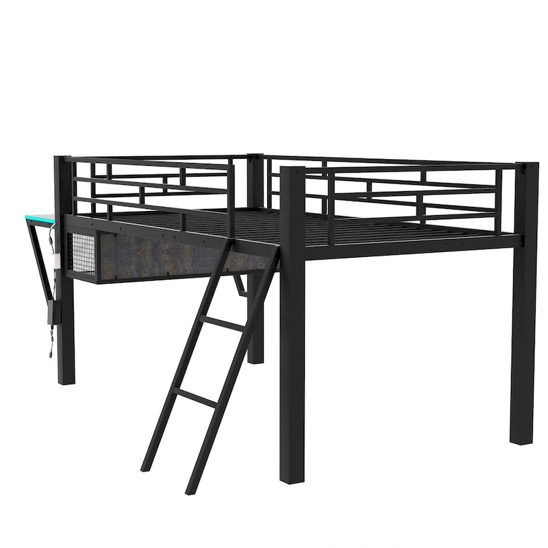 Lit mezzanine mi-hauteur pour jeux vidéo avec bureau intégré, étagères et échelle pour chambre d'adolescent
