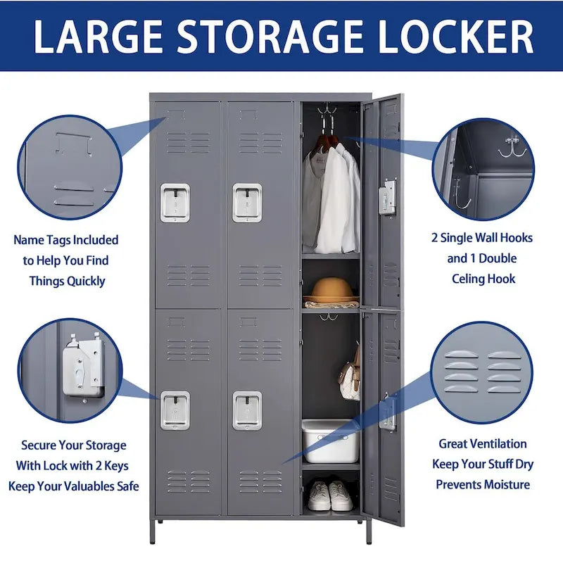 Casier métallique à 6 portes de 183 cm de haut avec serrure pour employés, armoire de rangement pour gymnase à domicile, bureau, école, garage, gris