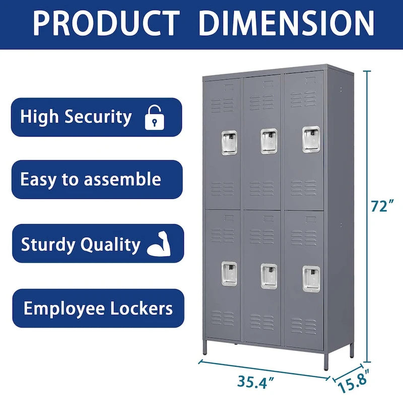 Casier métallique à 6 portes de 183 cm de haut avec serrure pour employés, armoire de rangement pour gymnase à domicile, bureau, école, garage, gris