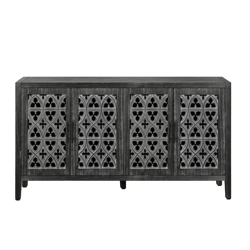 Buffet ancien à quatre portes creuses – Bahut vintage en bois avec portes sculptées de motifs floraux et étagères réglables