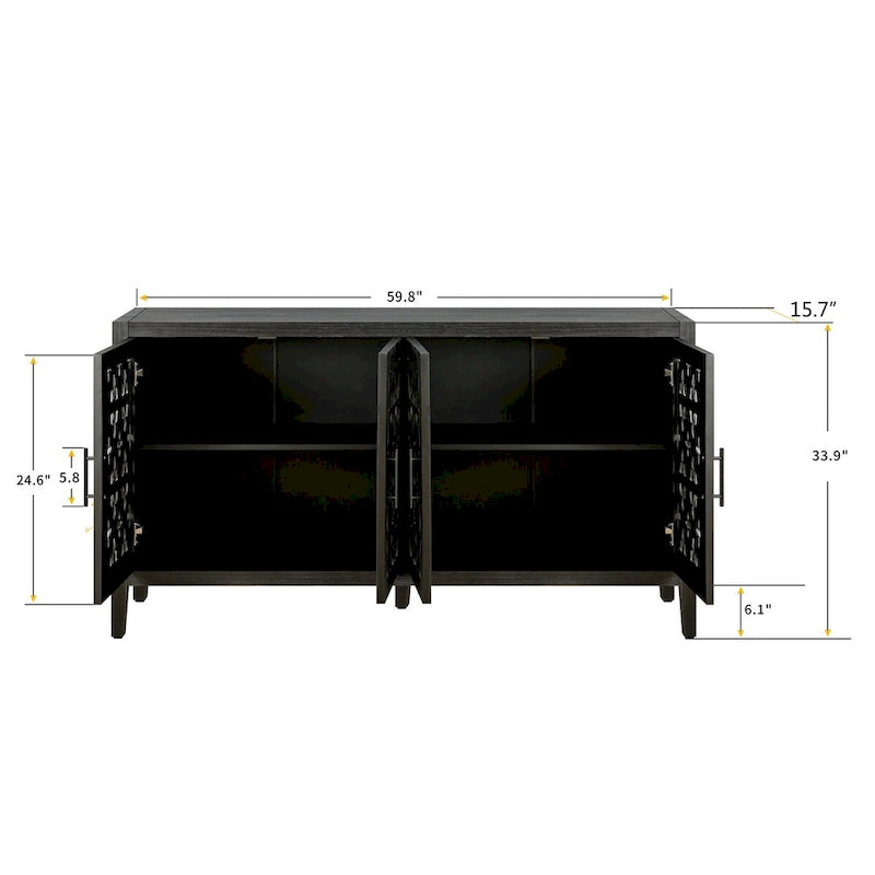 Buffet ancien à quatre portes creuses – Bahut vintage en bois avec portes sculptées de motifs floraux et étagères réglables