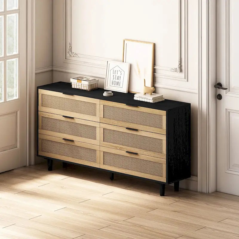 Meuble de rangement 6 tiroirs en rotin de 150 cm de large avec texture tissée naturelle pour salon ou chambre à coucher