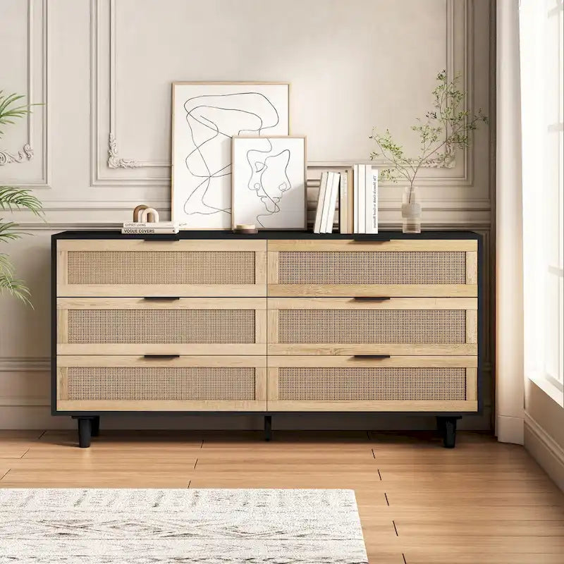 Meuble de rangement 6 tiroirs en rotin de 150 cm de large avec texture tissée naturelle pour salon ou chambre à coucher
