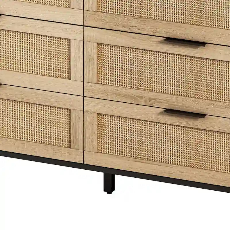 Meuble de rangement 6 tiroirs en rotin de 150 cm de large avec texture tissée naturelle pour salon ou chambre à coucher